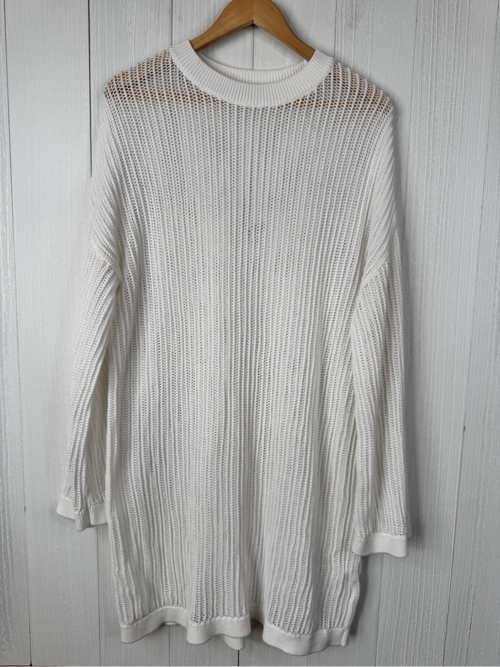 Quince White Open-Knit Crewneck Sweater Dress